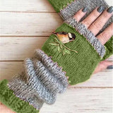 Embroidery Birds Knitted Mittens Gloves for Women